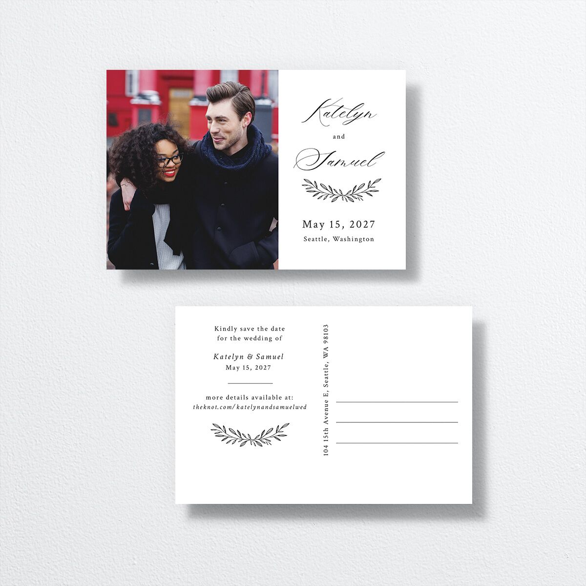 Monogram Wreath Save The Date Postcards Midnight