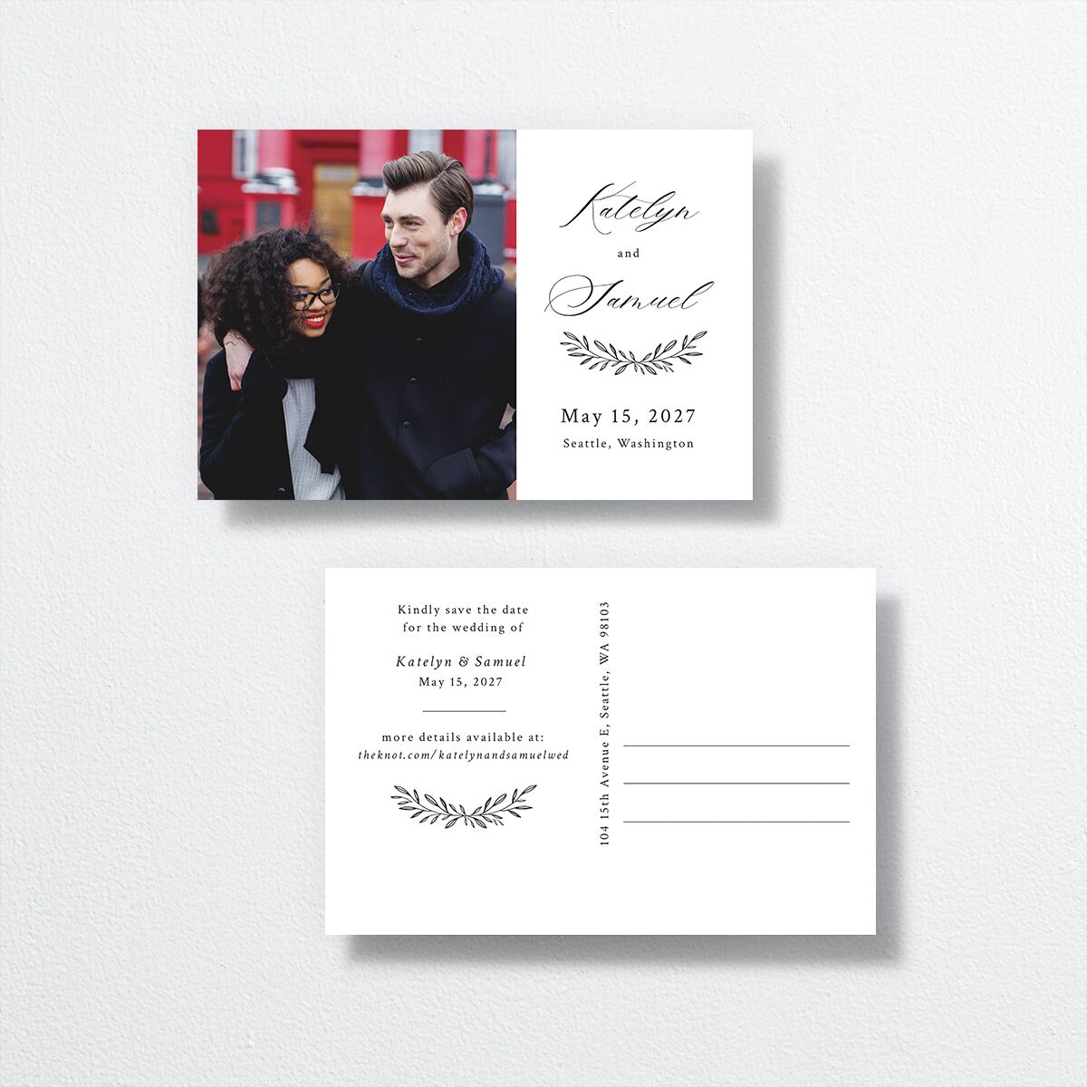 Monogram Wreath Save The Date Postcards front-and-back in black