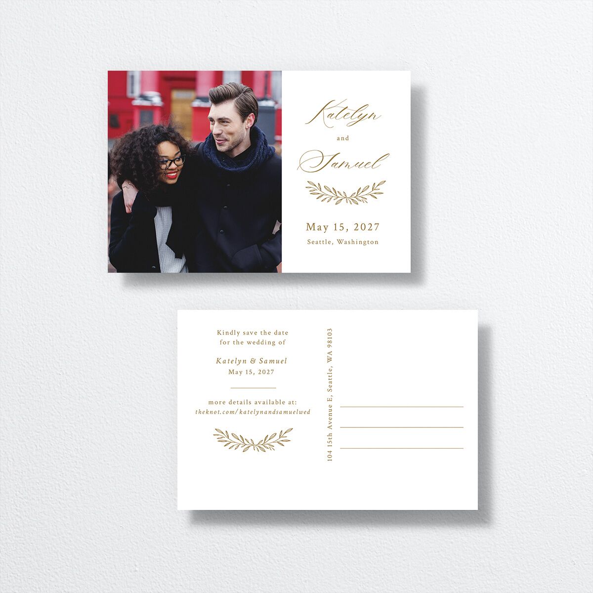 Monogram Wreath Save The Date Postcards front-and-back in gold