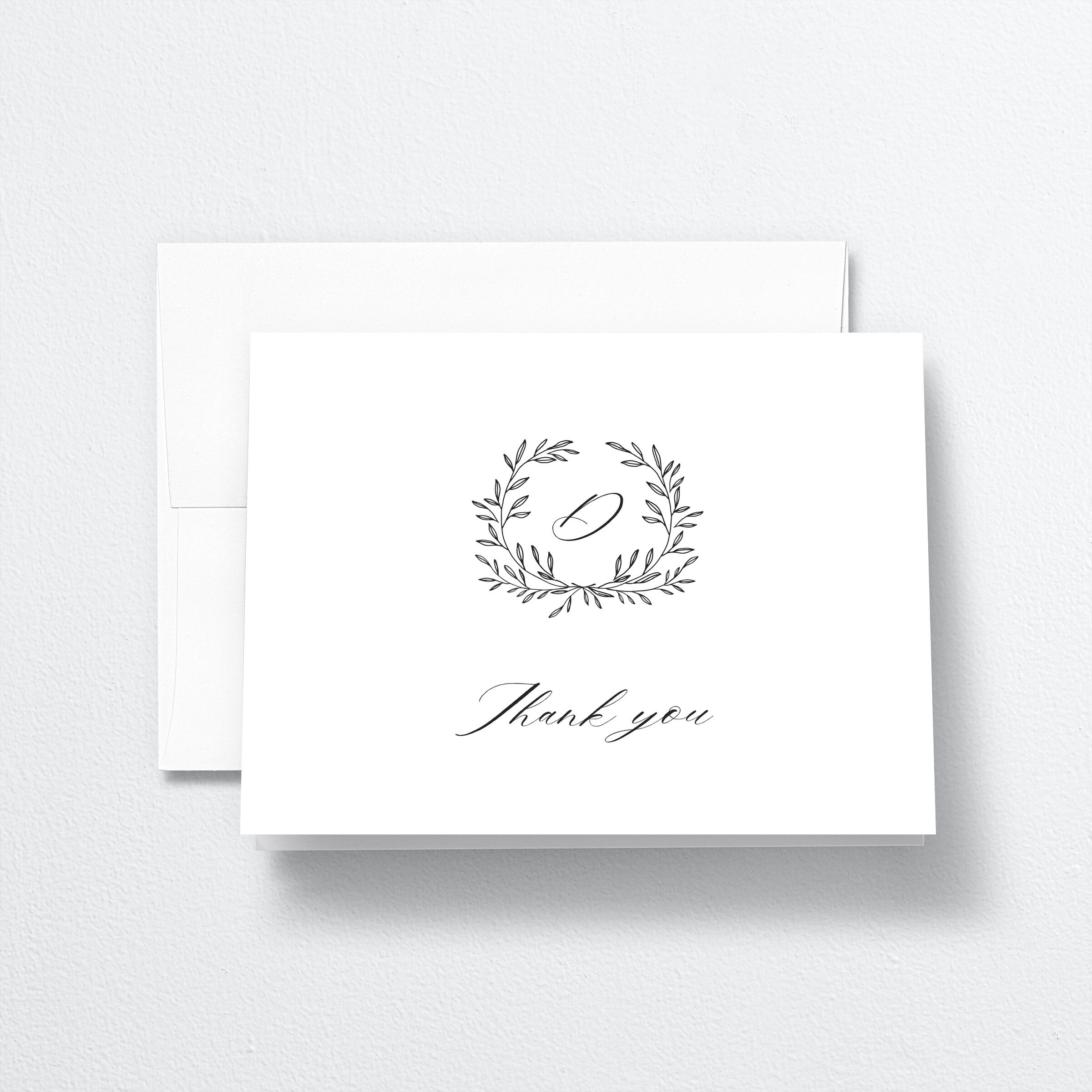 Monogram Wreath Thank You Cards front in black