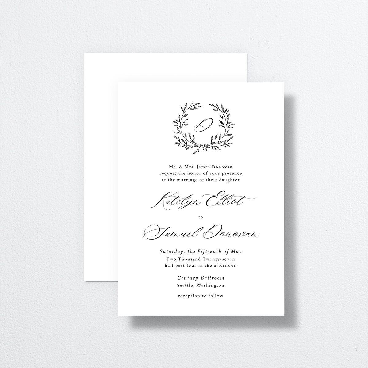 Monogram Wreath Wedding Invitations front-and-back in black