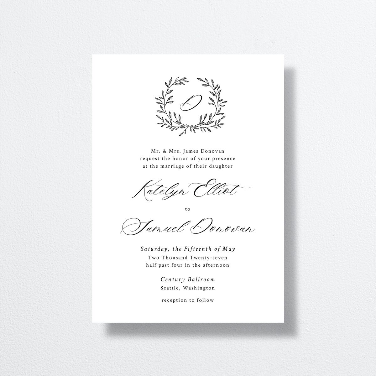 Monogram Wreath Wedding Invitations front in black