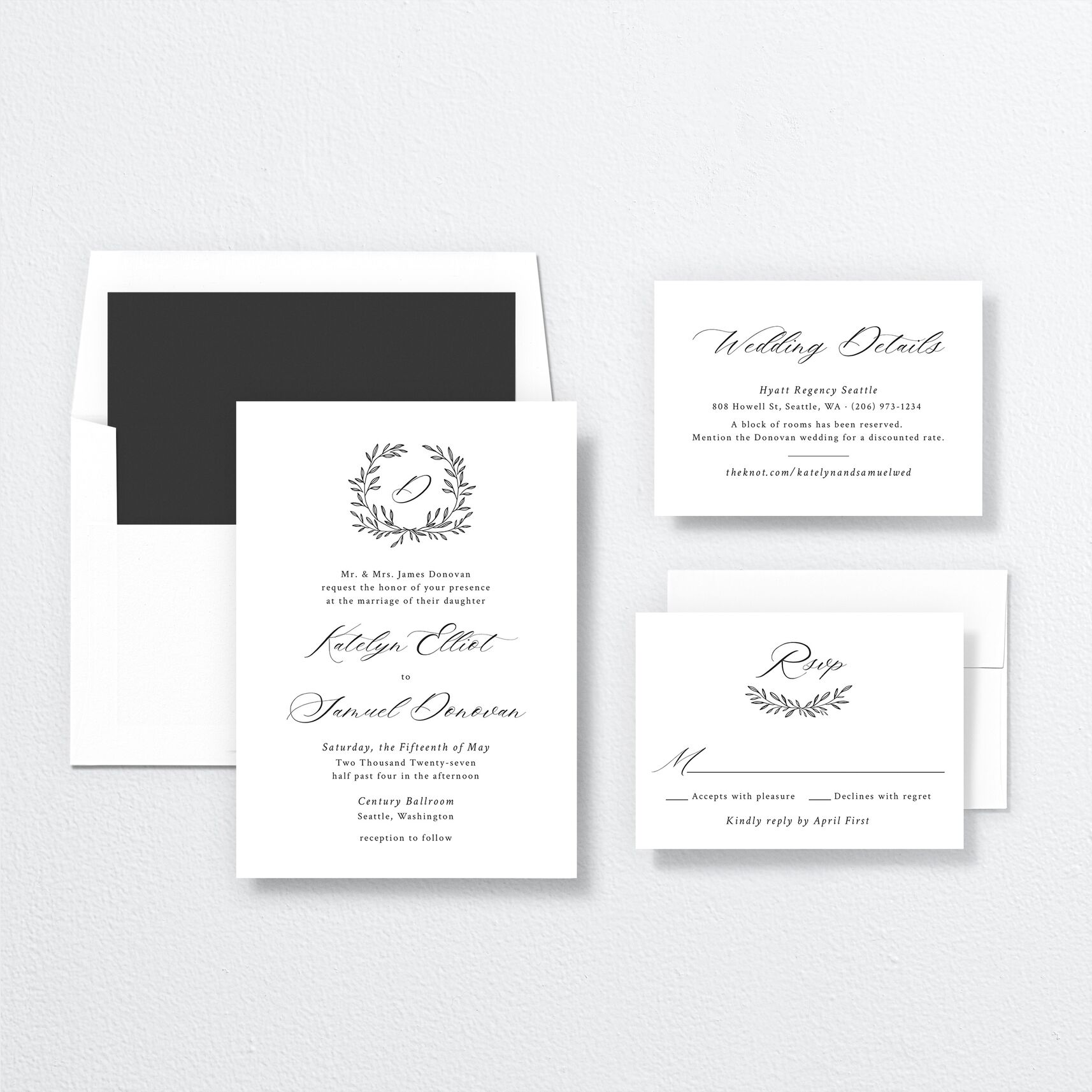 Monogram Wreath Wedding Invitations suite in black
