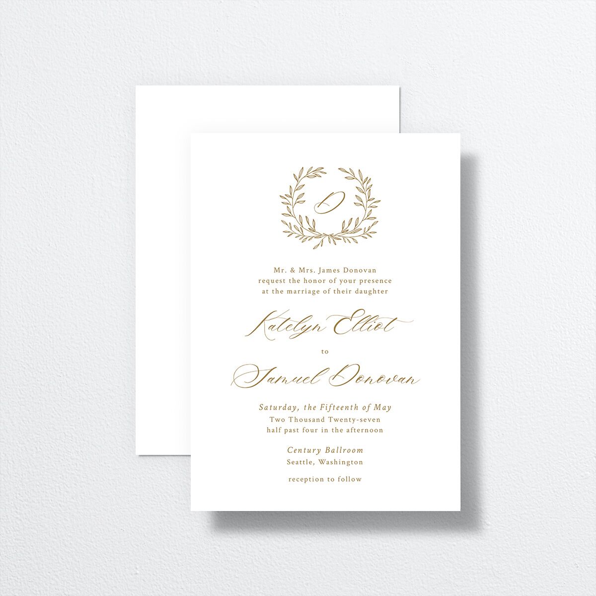 Monogram Wreath Wedding Invitations front-and-back in gold