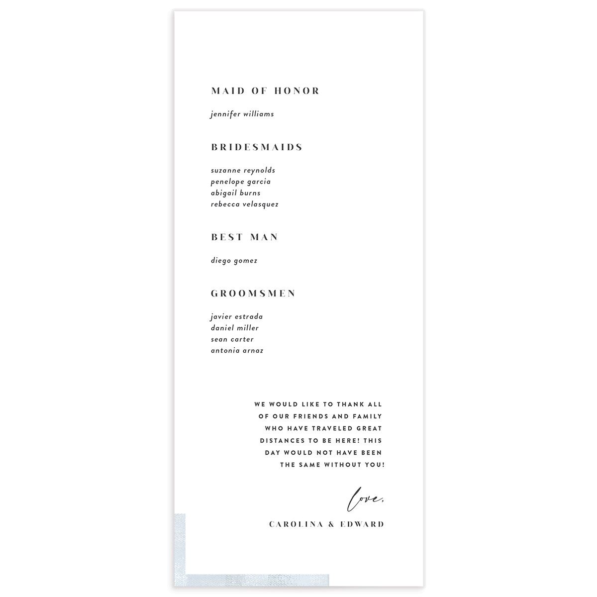 Minimal Accent Wedding Programs back in blue