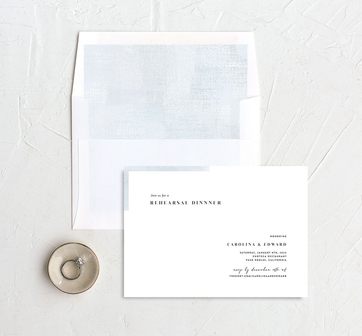 Minimal Accent Rehearsal Dinner Invitations envelope-and-liner in blue