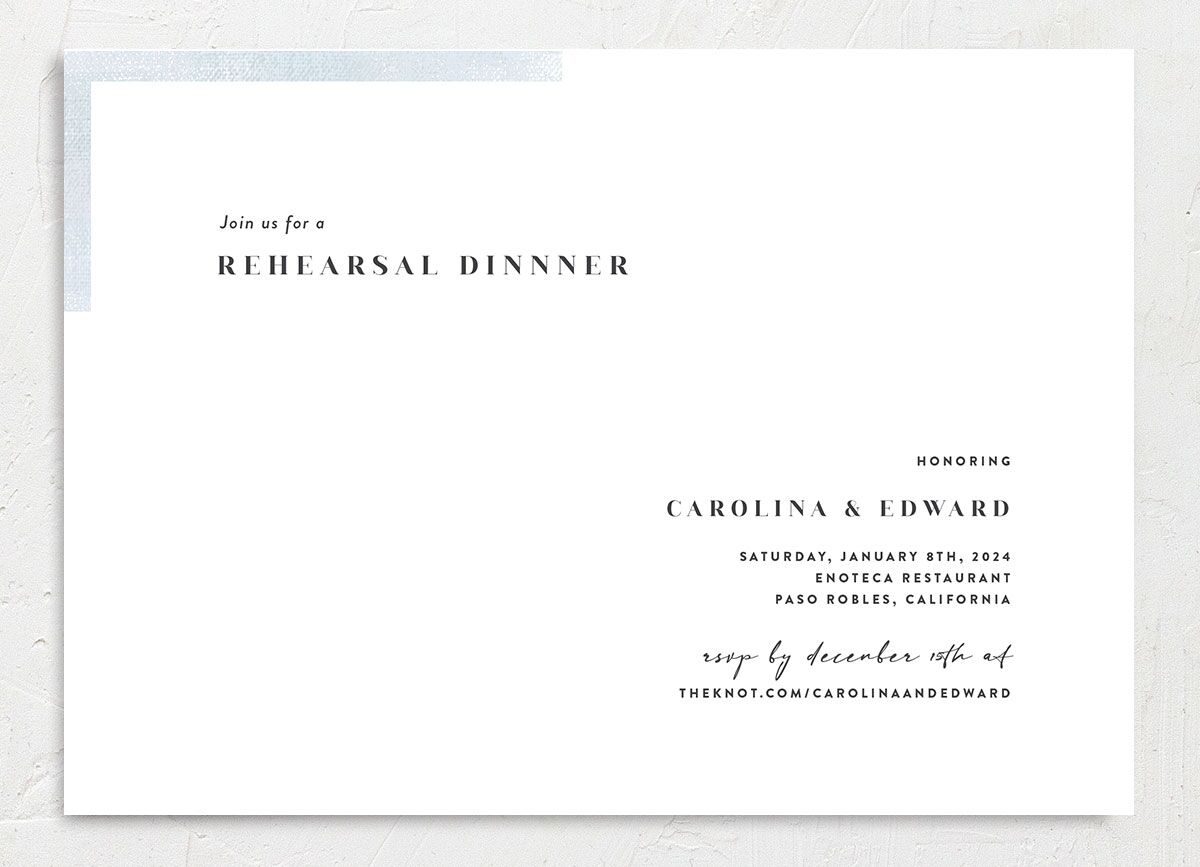Minimal Accent Rehearsal Dinner Invitations front in blue