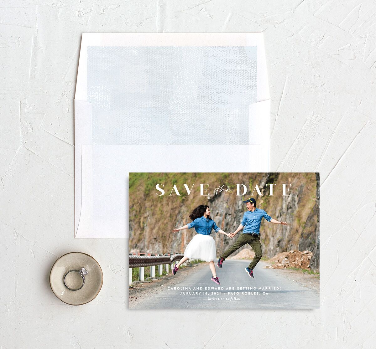 Minimal Accent Save the Date Cards envelope-and-liner in blue