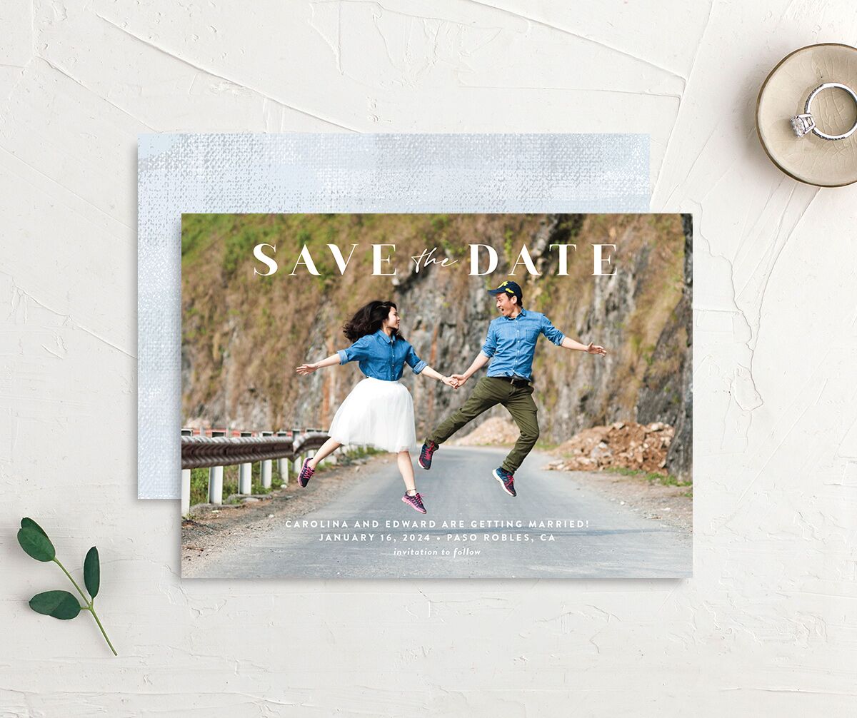 Minimal Accent Save the Date Cards front-and-back in blue