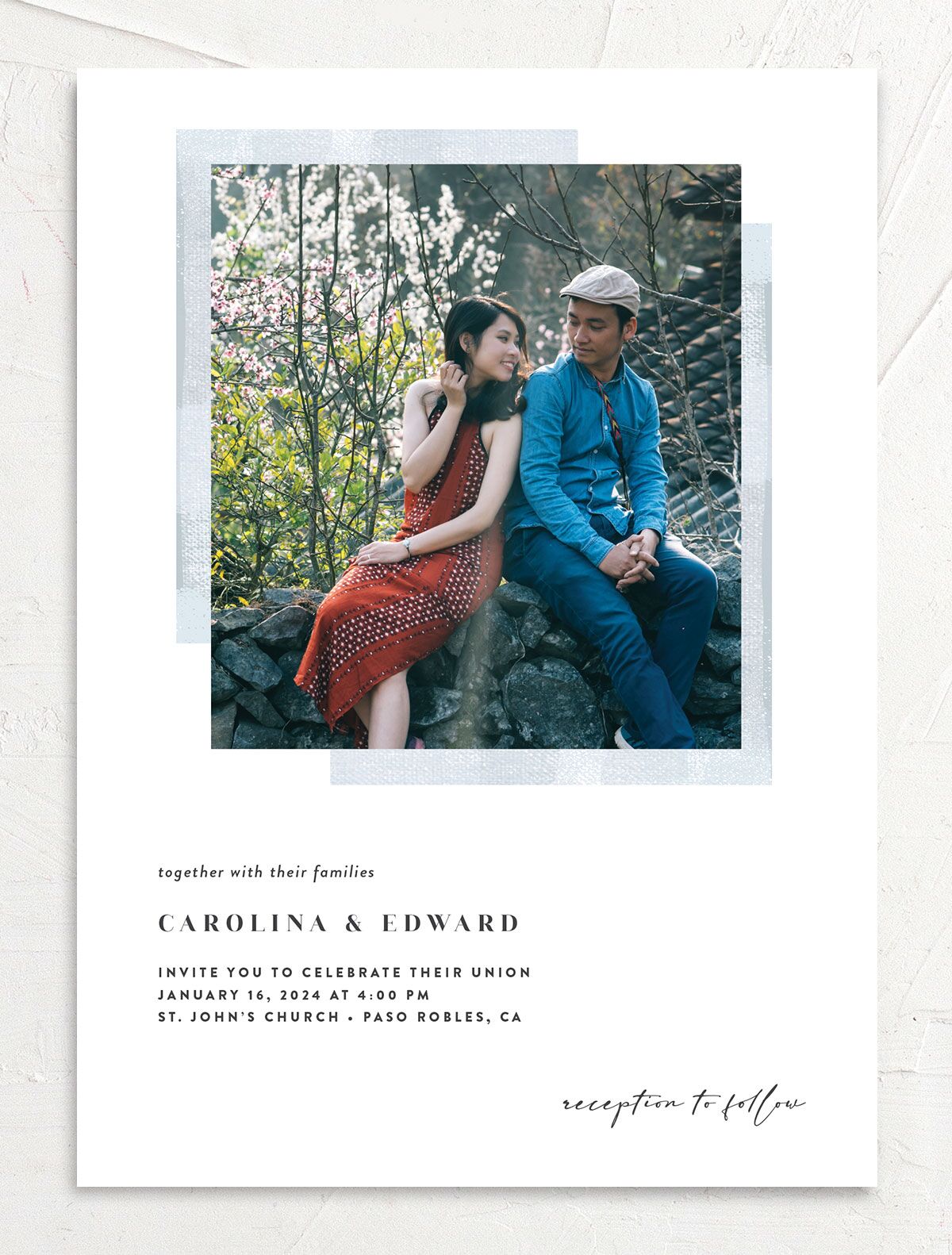 Minimal Accent Wedding Invitation front in blue