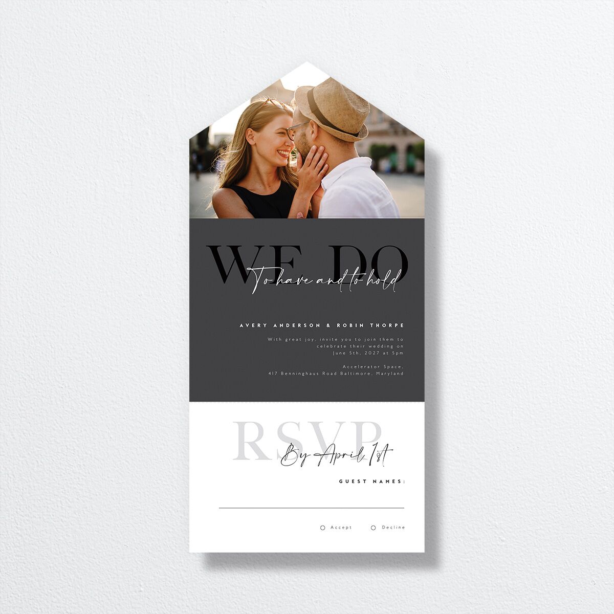 Modern Vow All-in-One Wedding Invitations front in Black