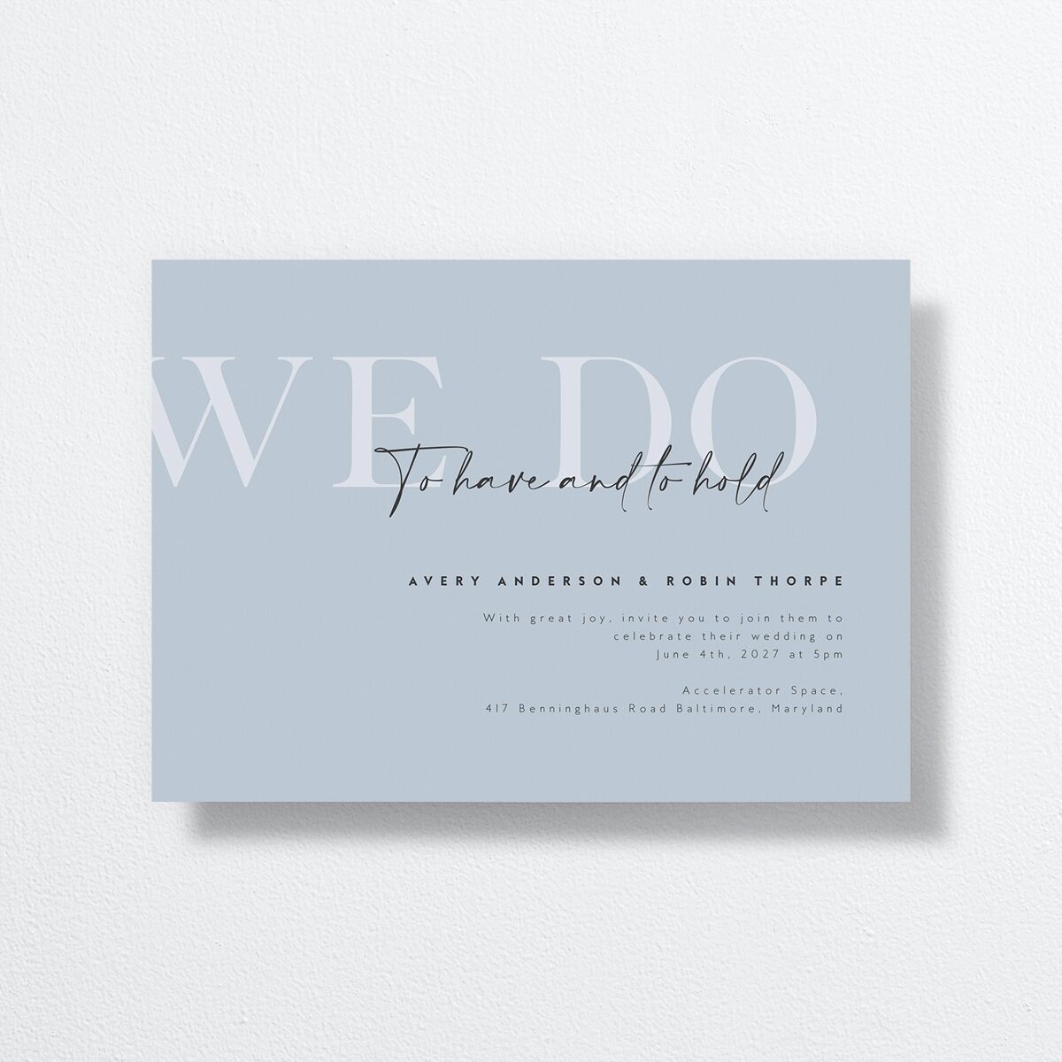 Modern Vow Wedding Invitations front in blue