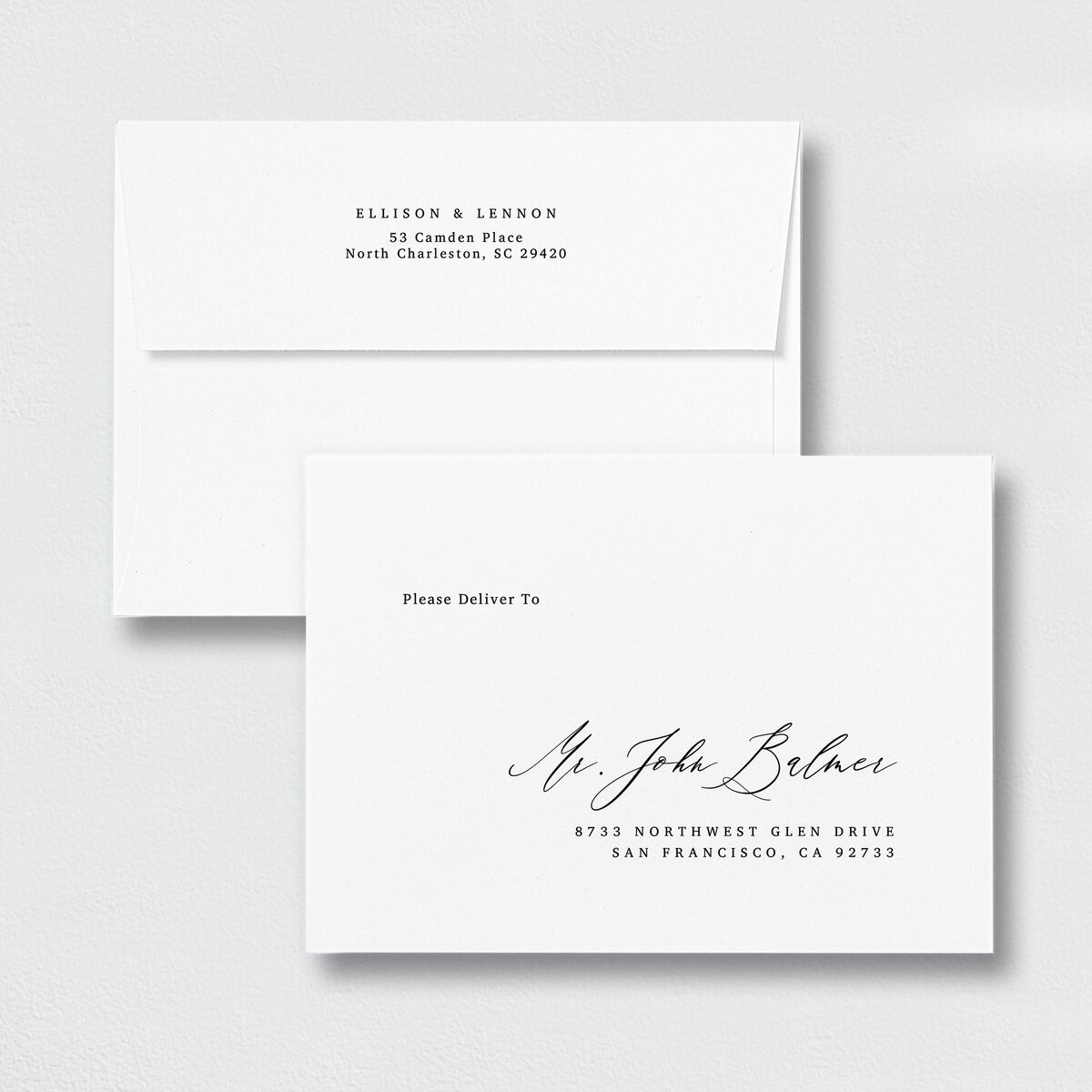 Minimal Calligraphy Save The Date Card Envelopes White Standard Midnight Both Recipient and Return Addresses Signature