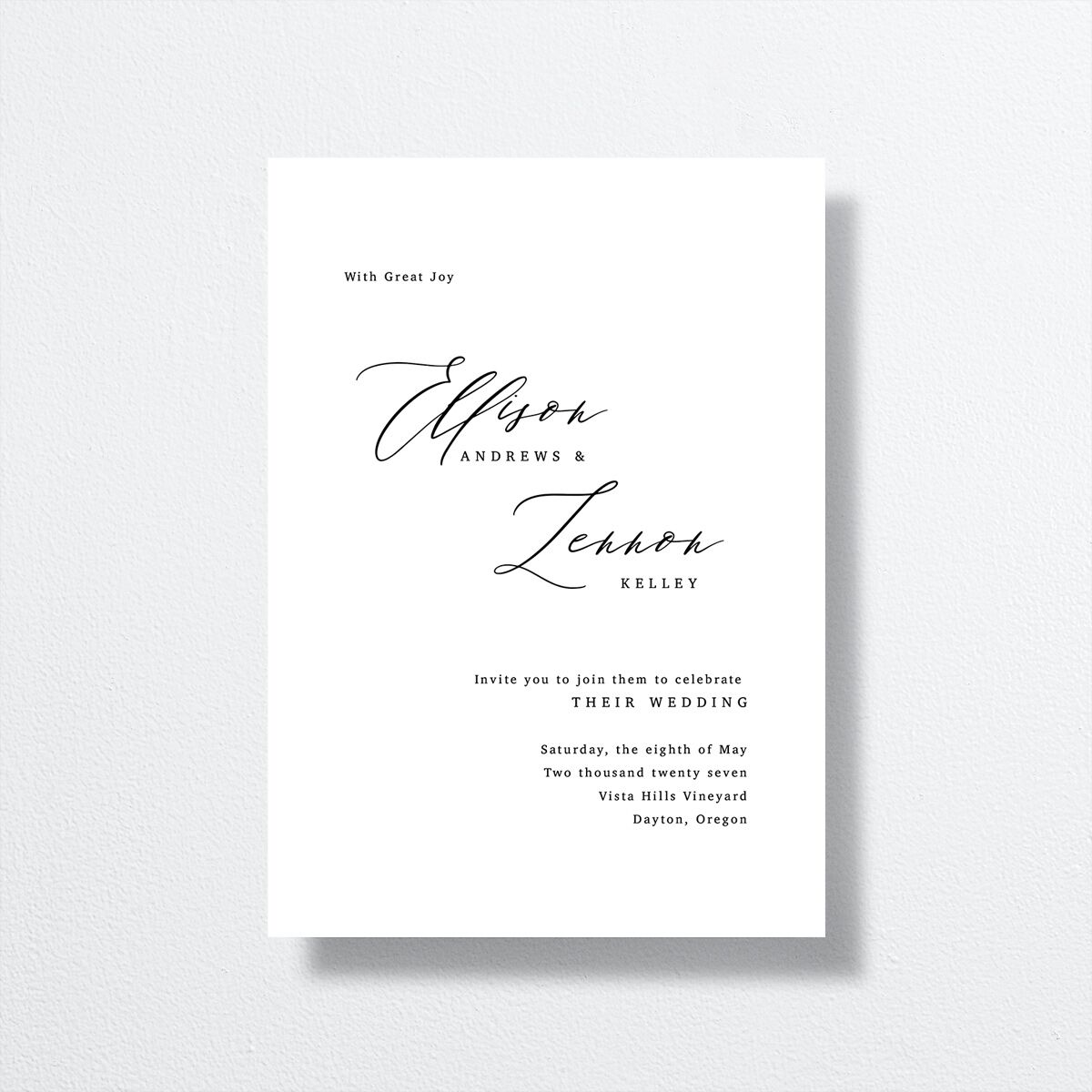 Minimal Calligraphy Wedding Invitations front in black