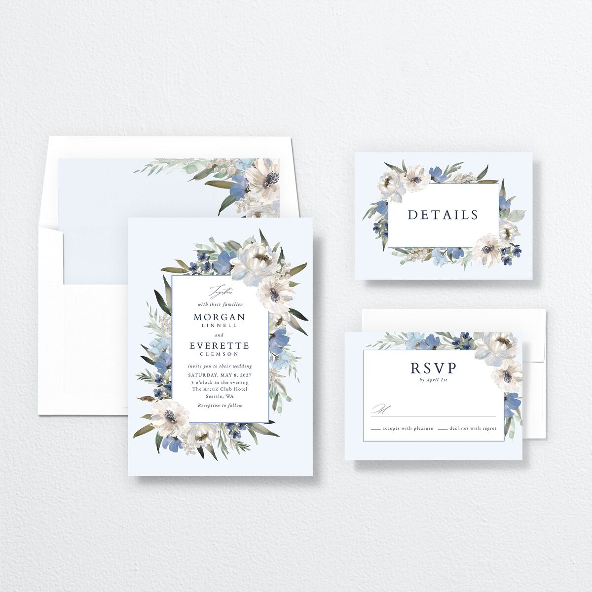Romantic Frame Wedding Invitations Regency Blue Signature No