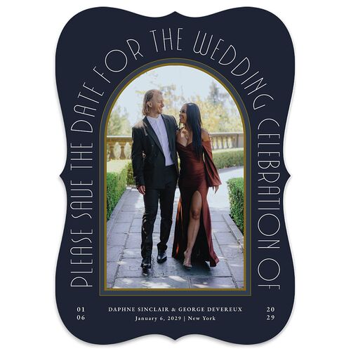 Gatsby Deco Arch Save the Date Cards Dark Navy Signature smooth Blank No Bracket