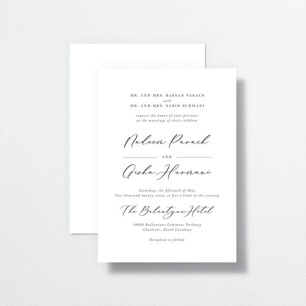 Timeless Script Wedding Invitations front-and-back in Grey