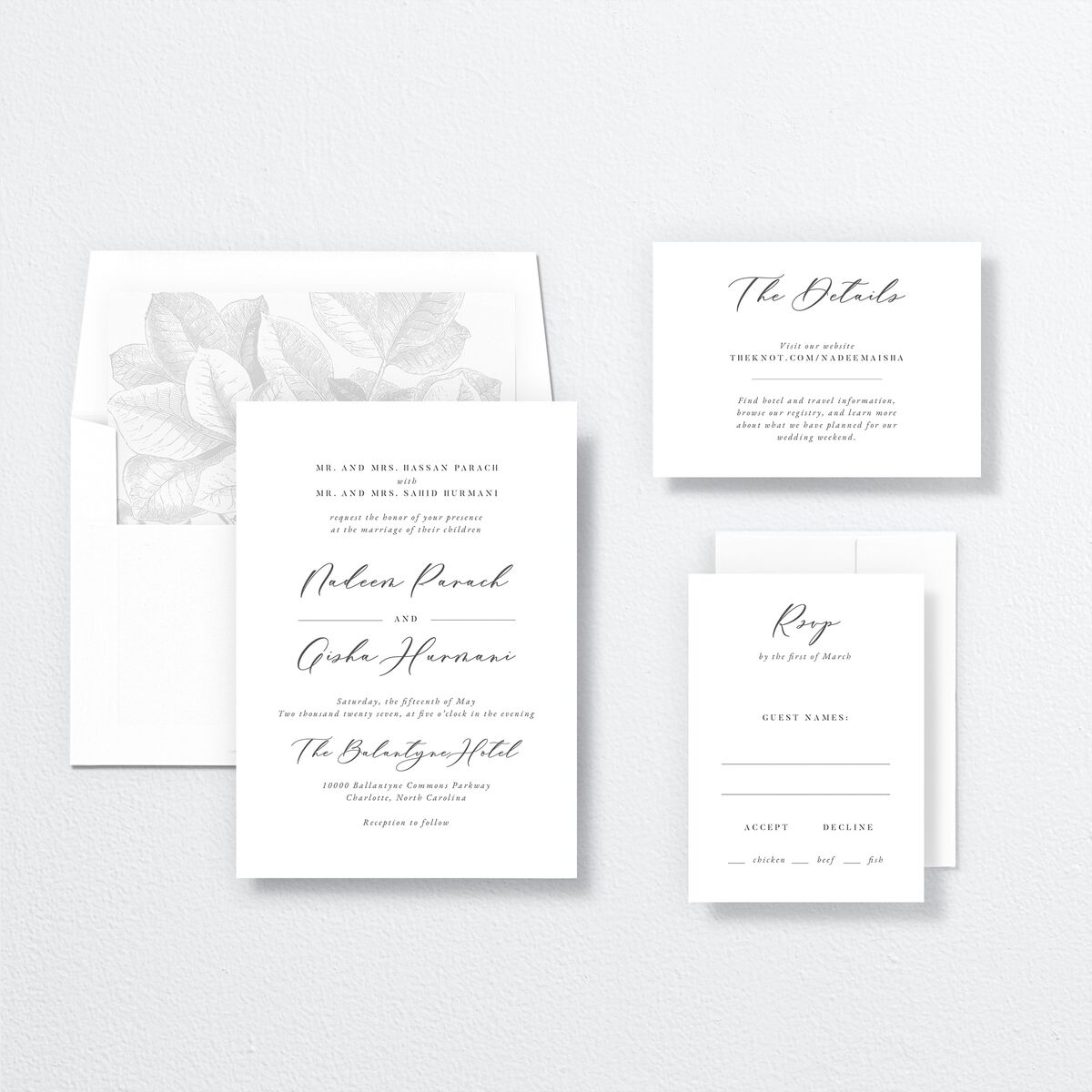 Timeless Script Wedding Invitations suite in Grey