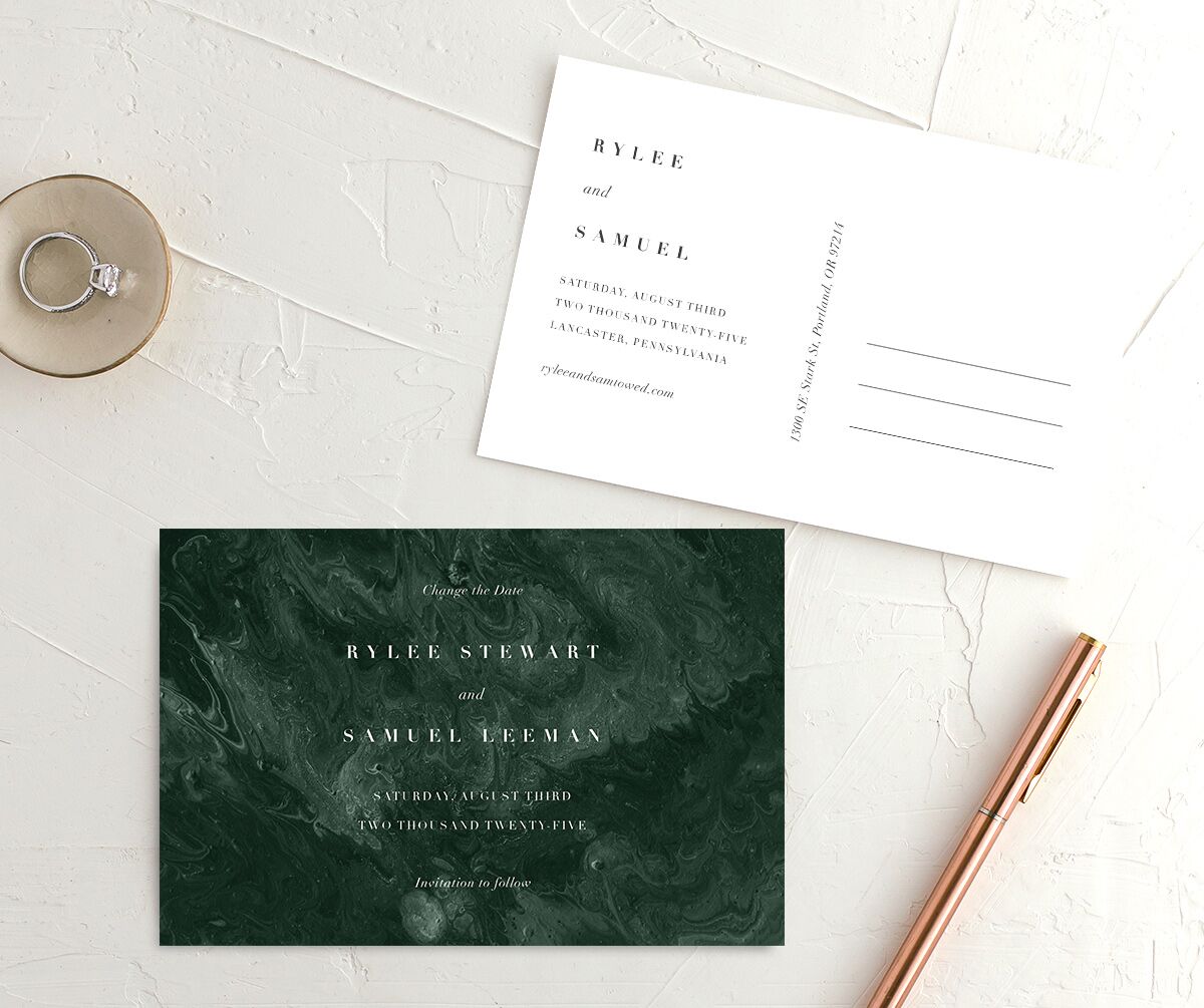 Abstract Marble Change the Date Postcards Dark Emerald