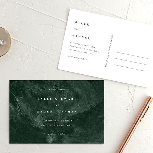 Abstract Marble Change the Date Postcards Dark Emerald