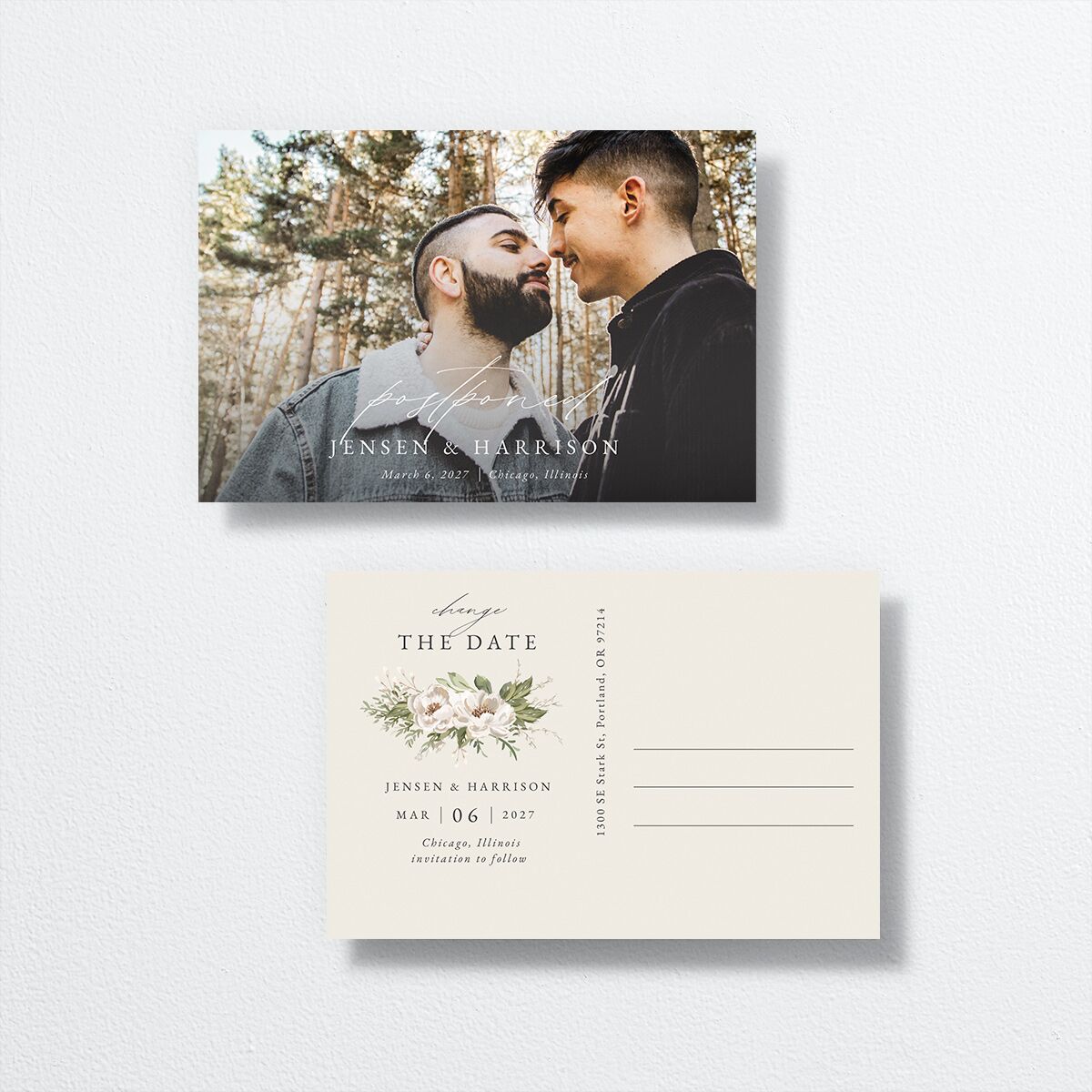 Greenery Laurel Change the Date Postcards Champagne