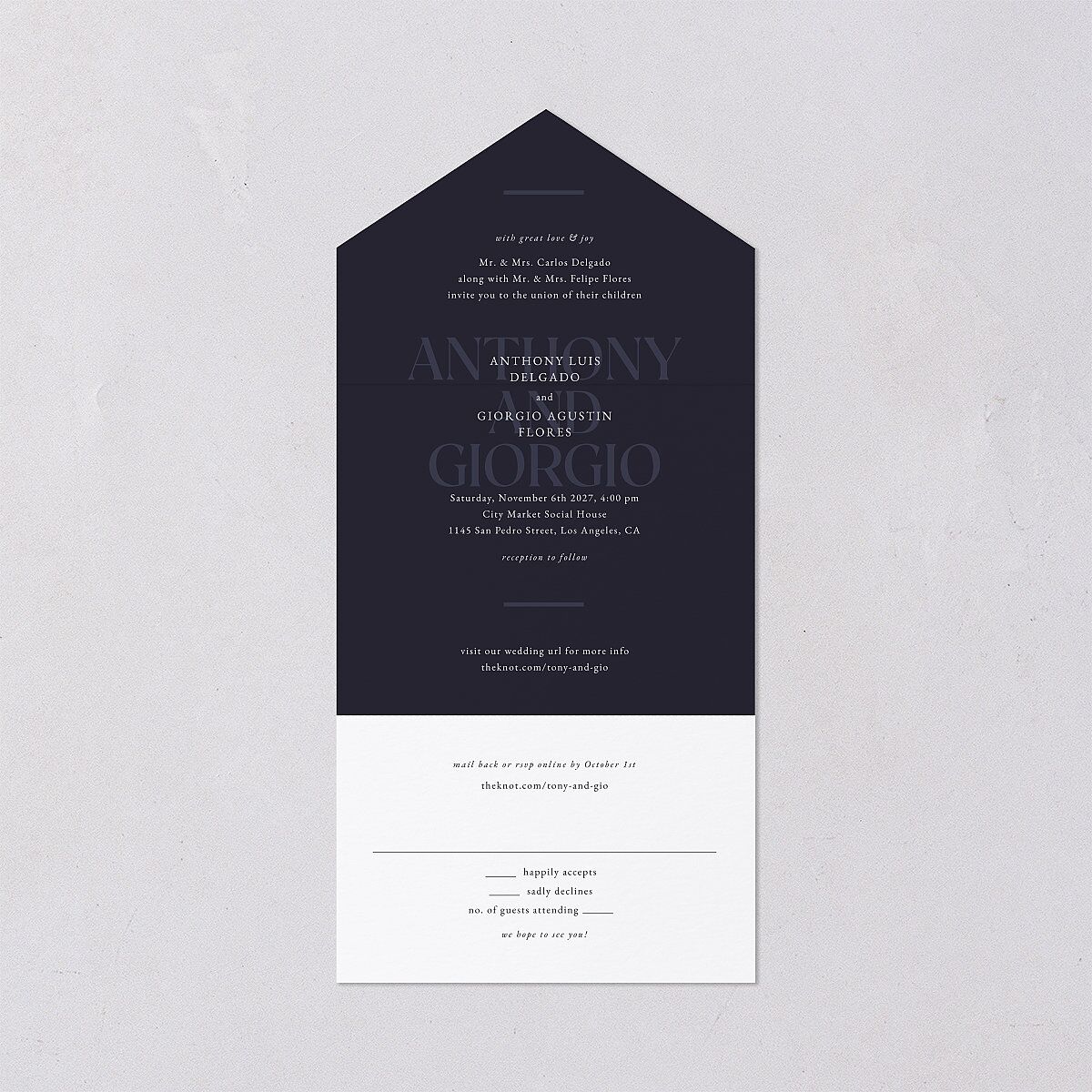 Gilded Bold All-in-One Wedding Invitations Navy Signature Light Both Recipient and Return Addresses No