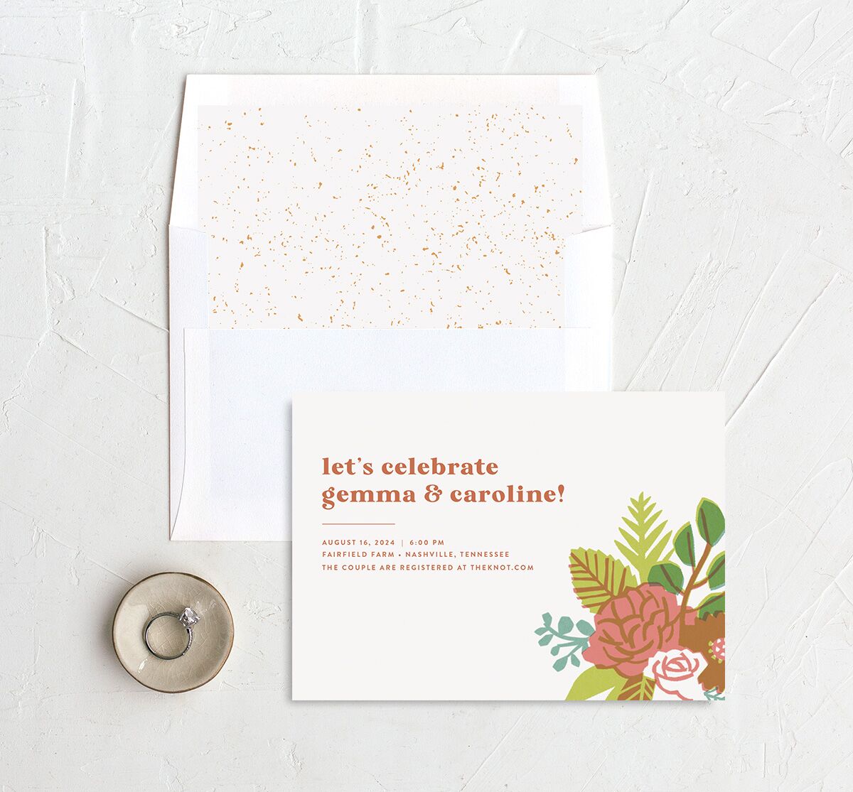 Retro Floral Bridal Shower Invitations envelope-and-liner in gold