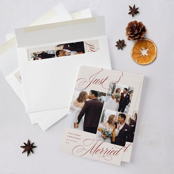 Classic Just Merried Script Holiday Cards Ruby Signature Blank Standard