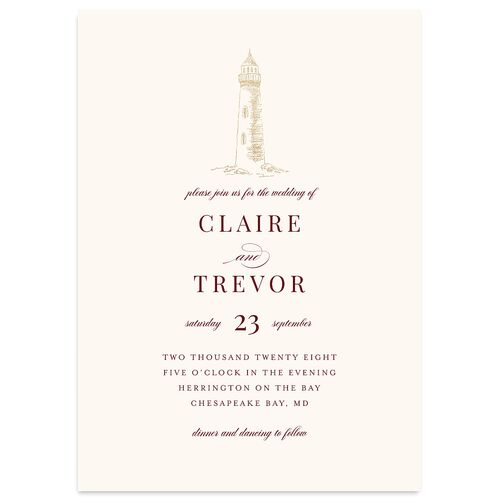 Elegant Lighthouse Foil Wedding Invitations Gold Maroon Signature Blank No