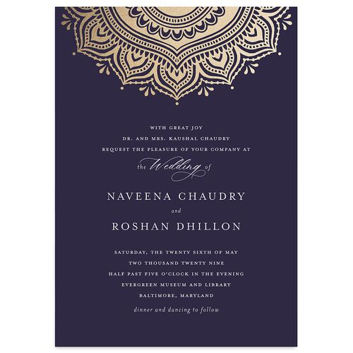 Indian Gilded Adornment Wedding Invitations Gold Dark Navy Signature Blank No Standard