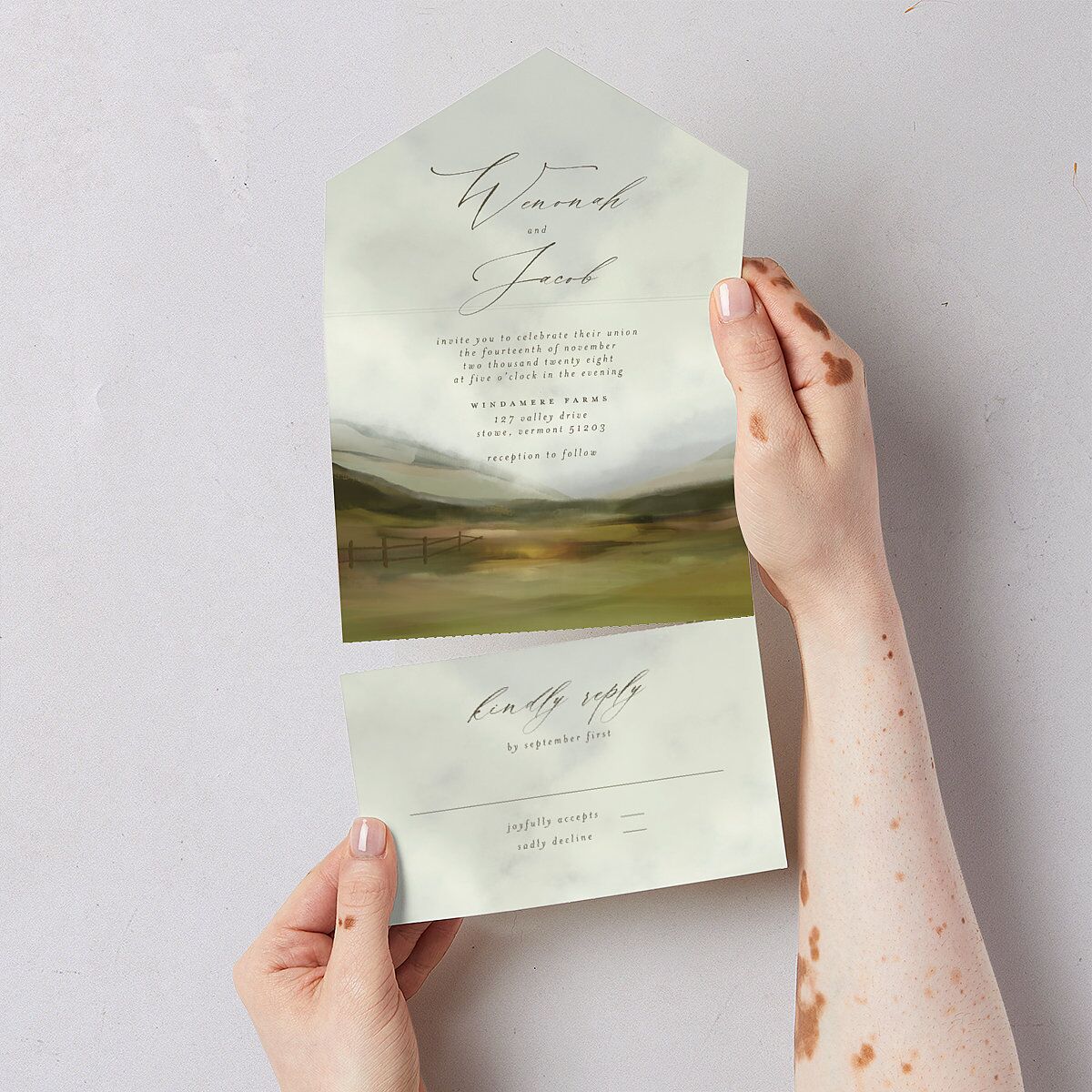 Western Valley All-in-One Wedding Invitations Sage Signature Light Both Recipient and Return Addresses No