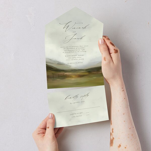 Western Valley All-in-One Wedding Invitations Sage Signature Light Both Recipient and Return Addresses No