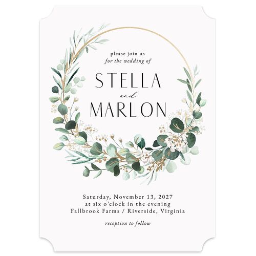 Timeless Floral Hoop Foil Wedding Invitations Gold Pure White Signature Blank No Ticket