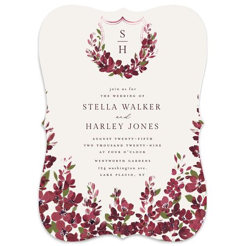 Delphinium Crest Wedding Invitations Merlot Signature Blank No Bracket