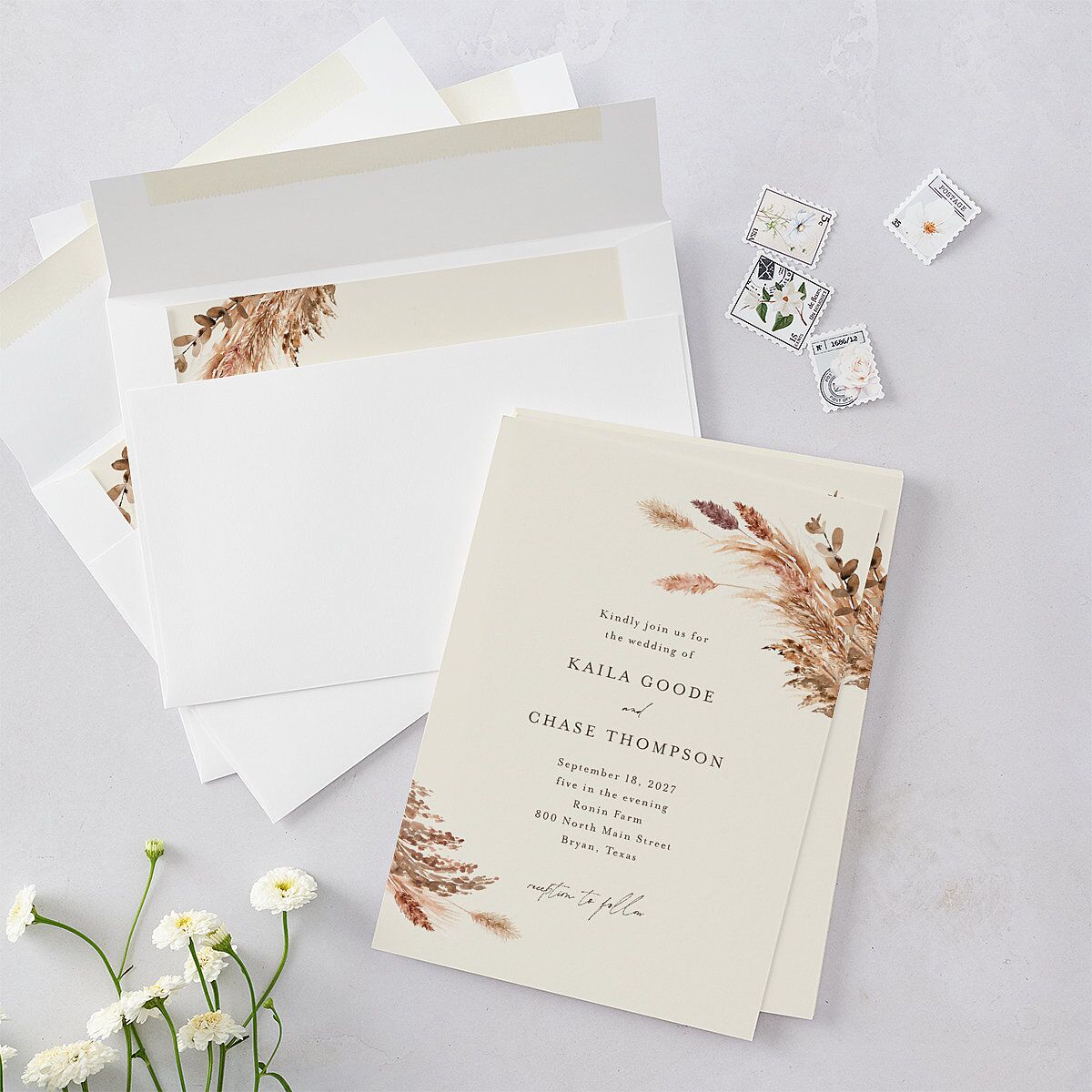 Soft Pampas Botanical Wedding Invitations Sepia Signature Blank No Standard