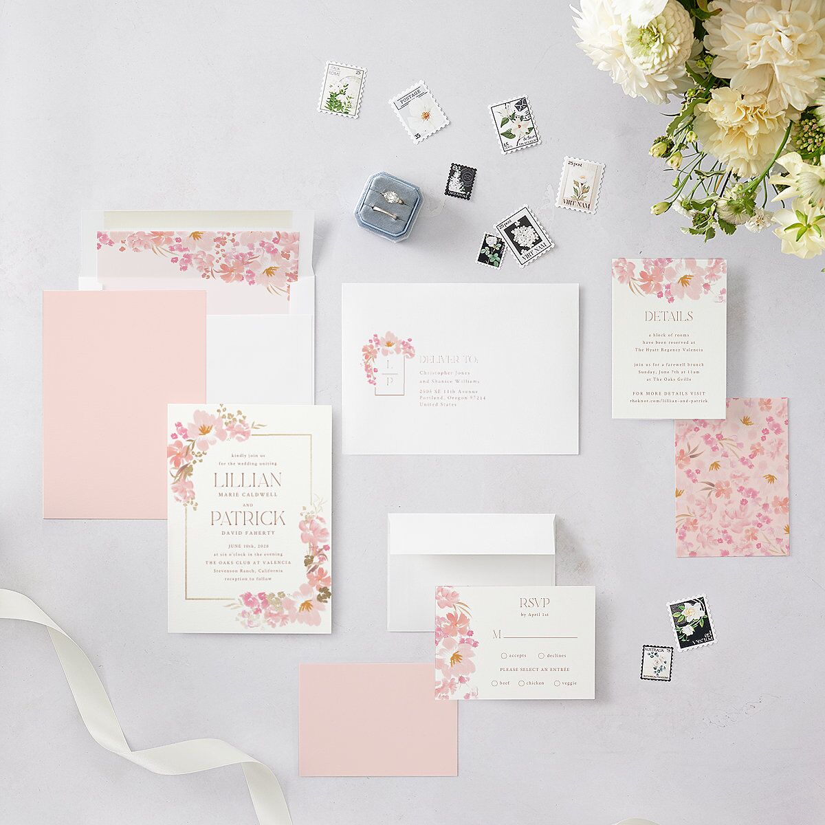 Blooming Frame Wedding Invitations Gold Pink Cotton Signature Blank No Standard