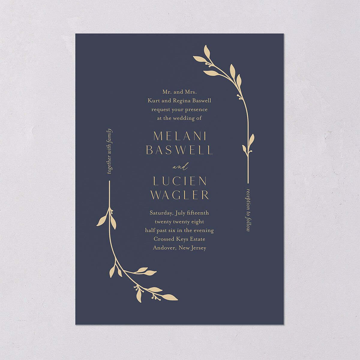 Gilded Sprigs Wedding Invitations Moody Blue Signature Blank No Standard
