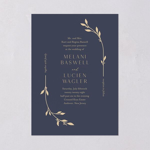Gilded Sprigs Wedding Invitations Moody Blue Signature Blank No Standard