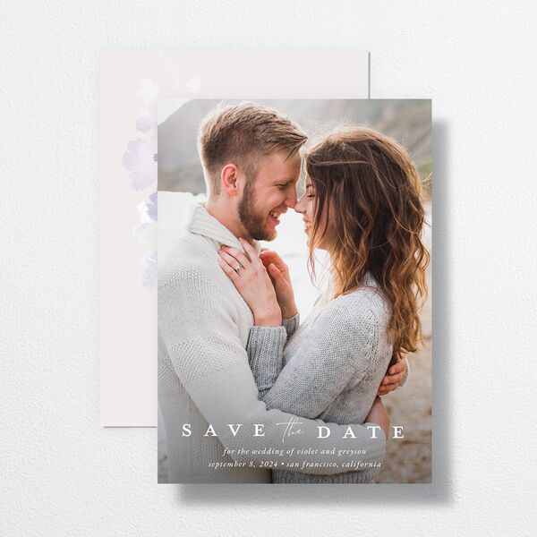 Ethereal Floral Save The Date Cards front-and-back in Purple