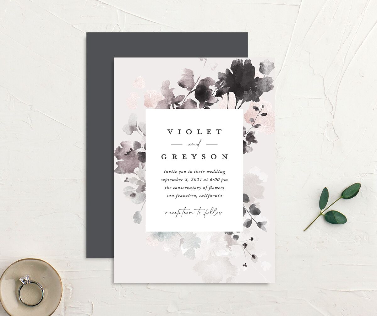 Ethereal Floral Wedding Invitations front-and-back in grey