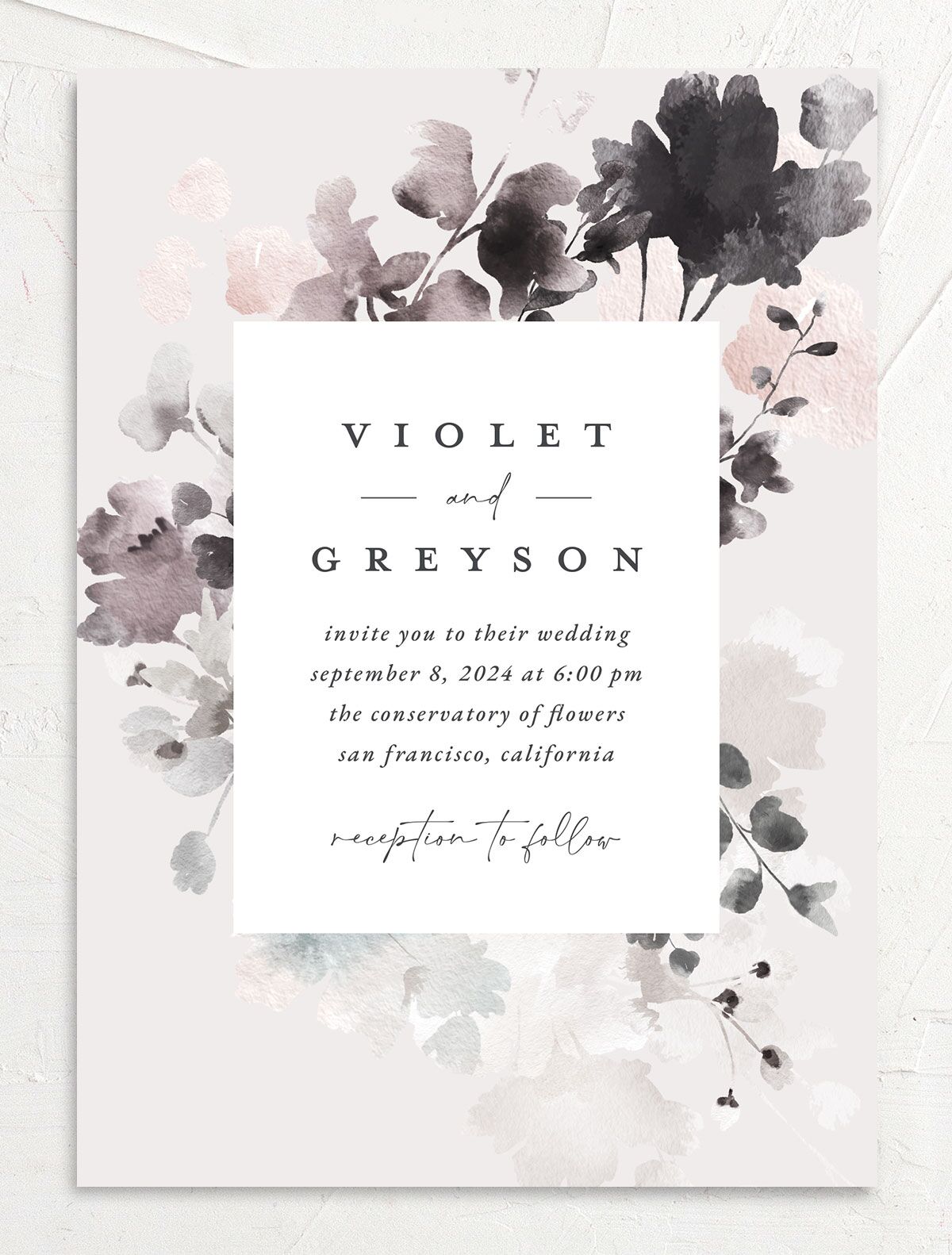 Ethereal Floral Wedding Invitations front in grey