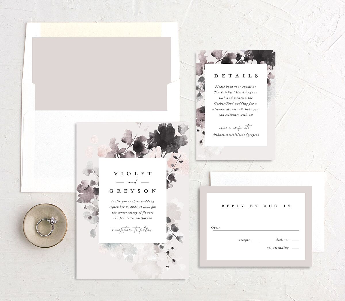 Ethereal Floral Wedding Invitations suite in grey
