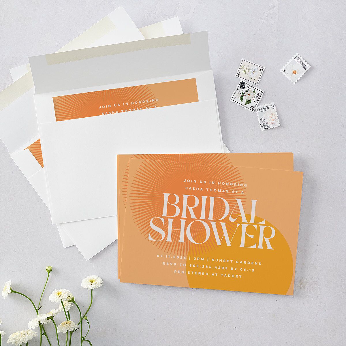 Retro Sunburst Bridal Shower Invitations Pumpkin Signature Blank