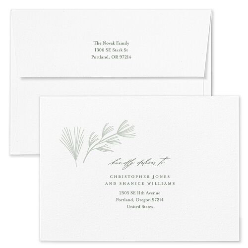 Our Merriest Year Baby Announcement Holiday Card Envelopes Blue Eucalyptus Both Recipient and Return Addresses Standard Signature