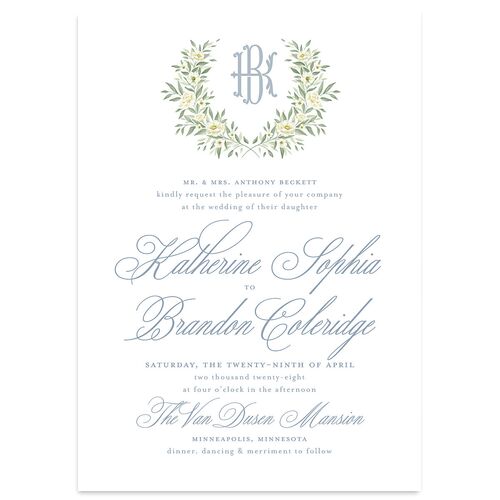 Luxury Floral Monogram Wedding Invitations Sea Blue Signature Blank No Standard