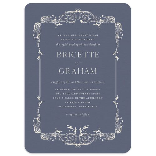 Vintage Ornate Frame Wedding Invitations Moody Blue Signature Blank No Rounded
