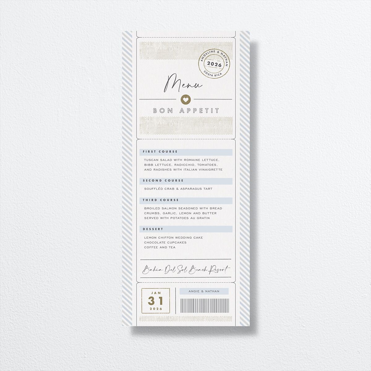 Vintage Boarding Pass Menus front in blue