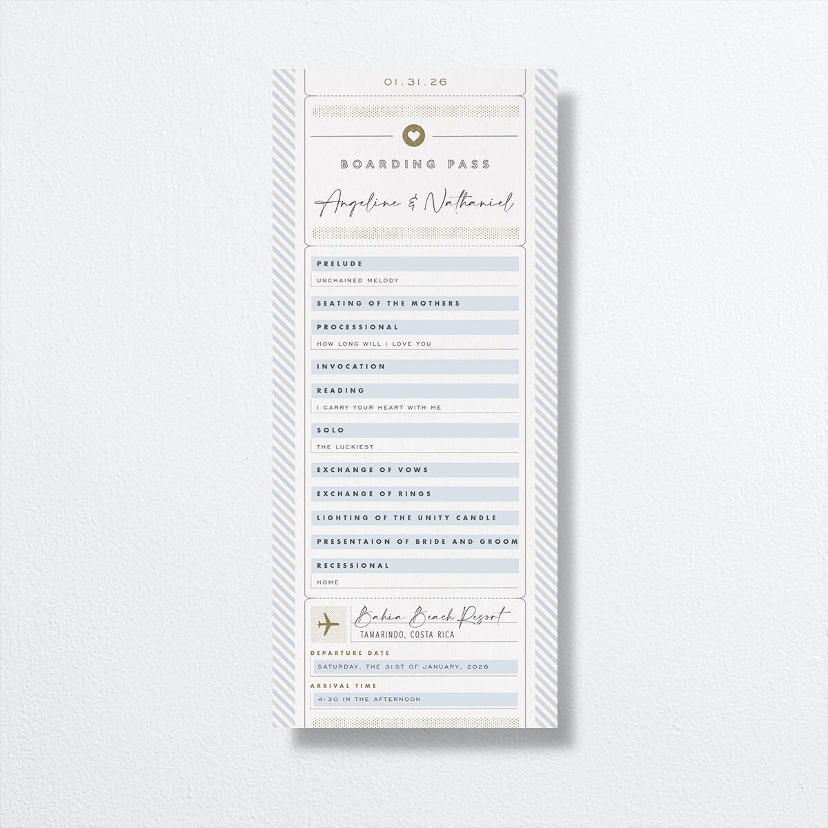 Vintage Boarding Pass Wedding Programs front in blue