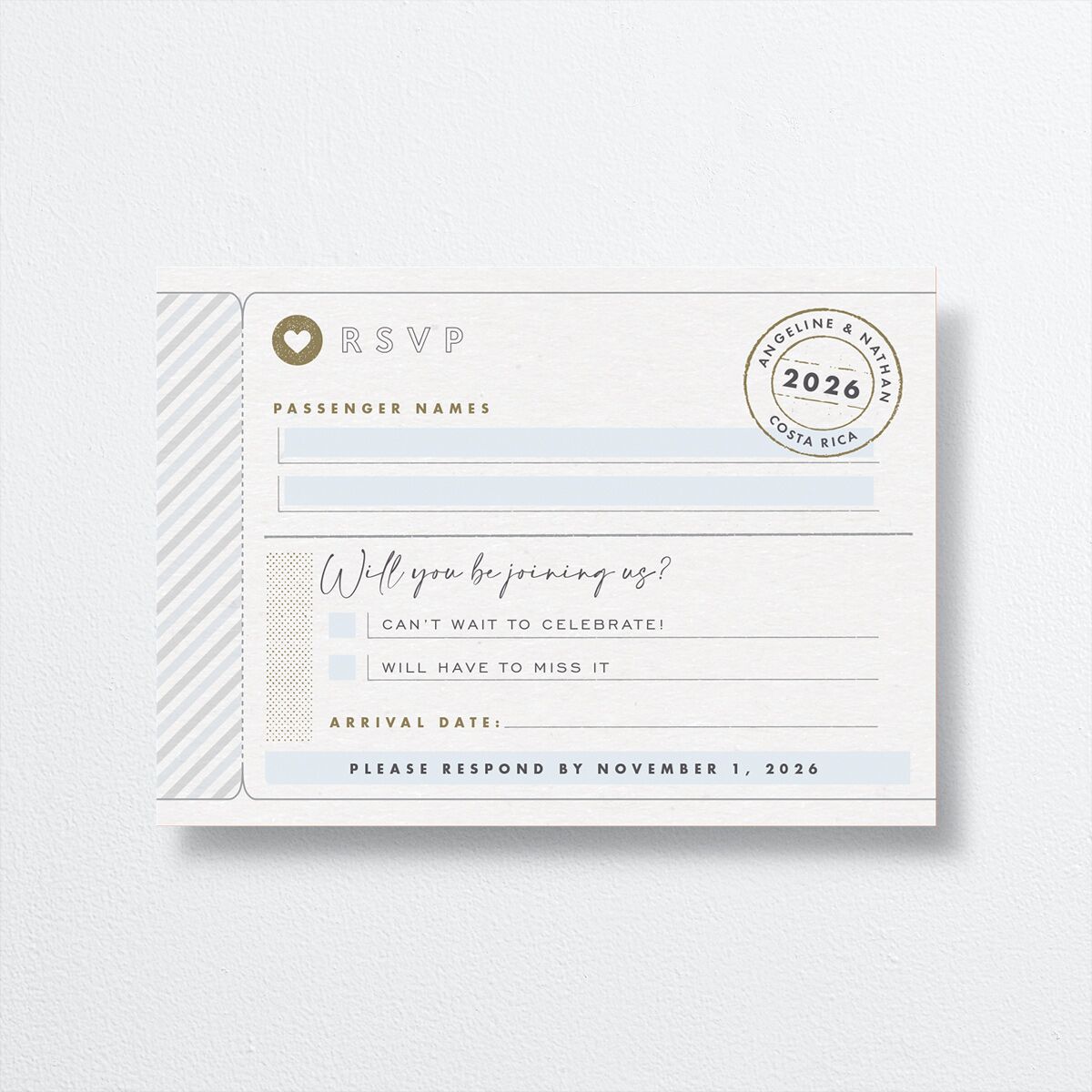 Vintage Boarding Pass Wedding Response Cards front in blue