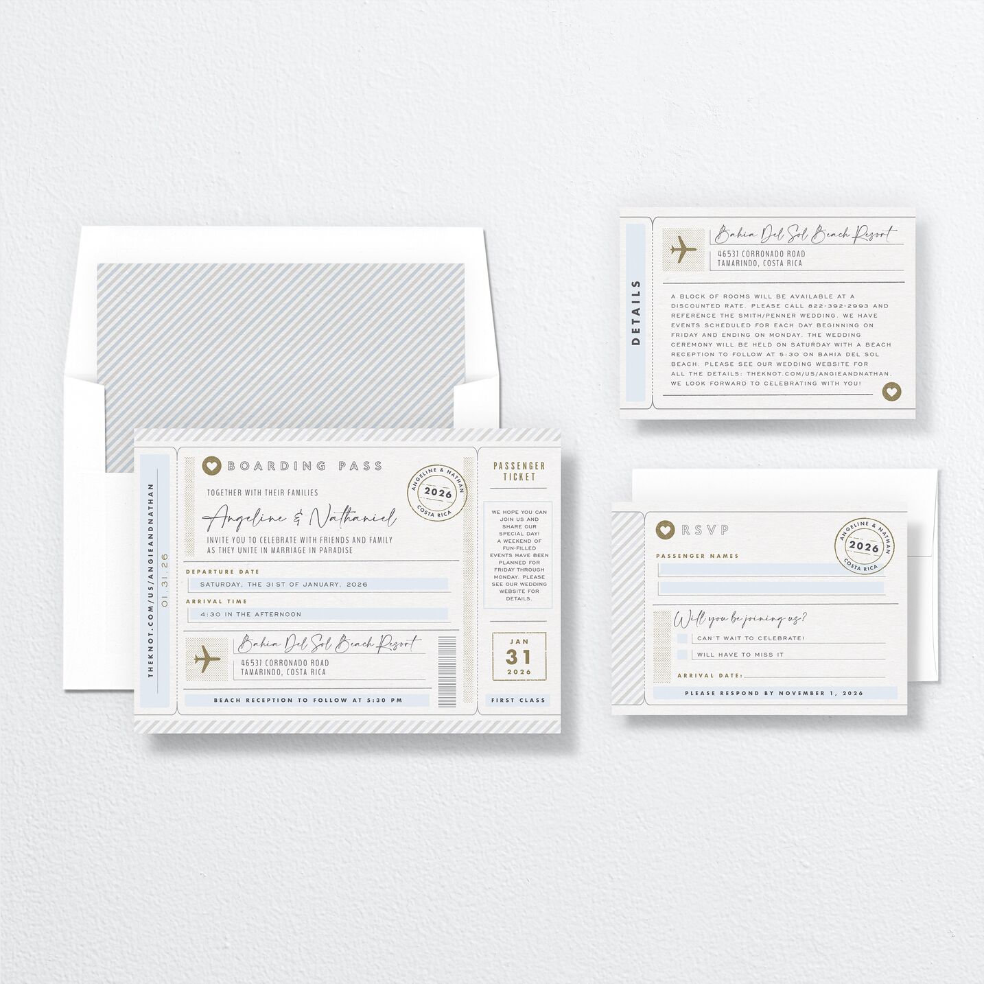 Vintage Boarding Pass Wedding Invitations suite in blue
